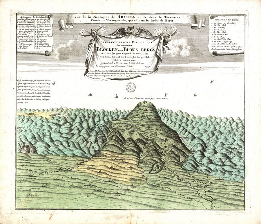 Гора Броккен с&nbsp;роящимися над&nbsp;ней ведьмами. L.S. Bestehorn, 1732. Источник: Википедия